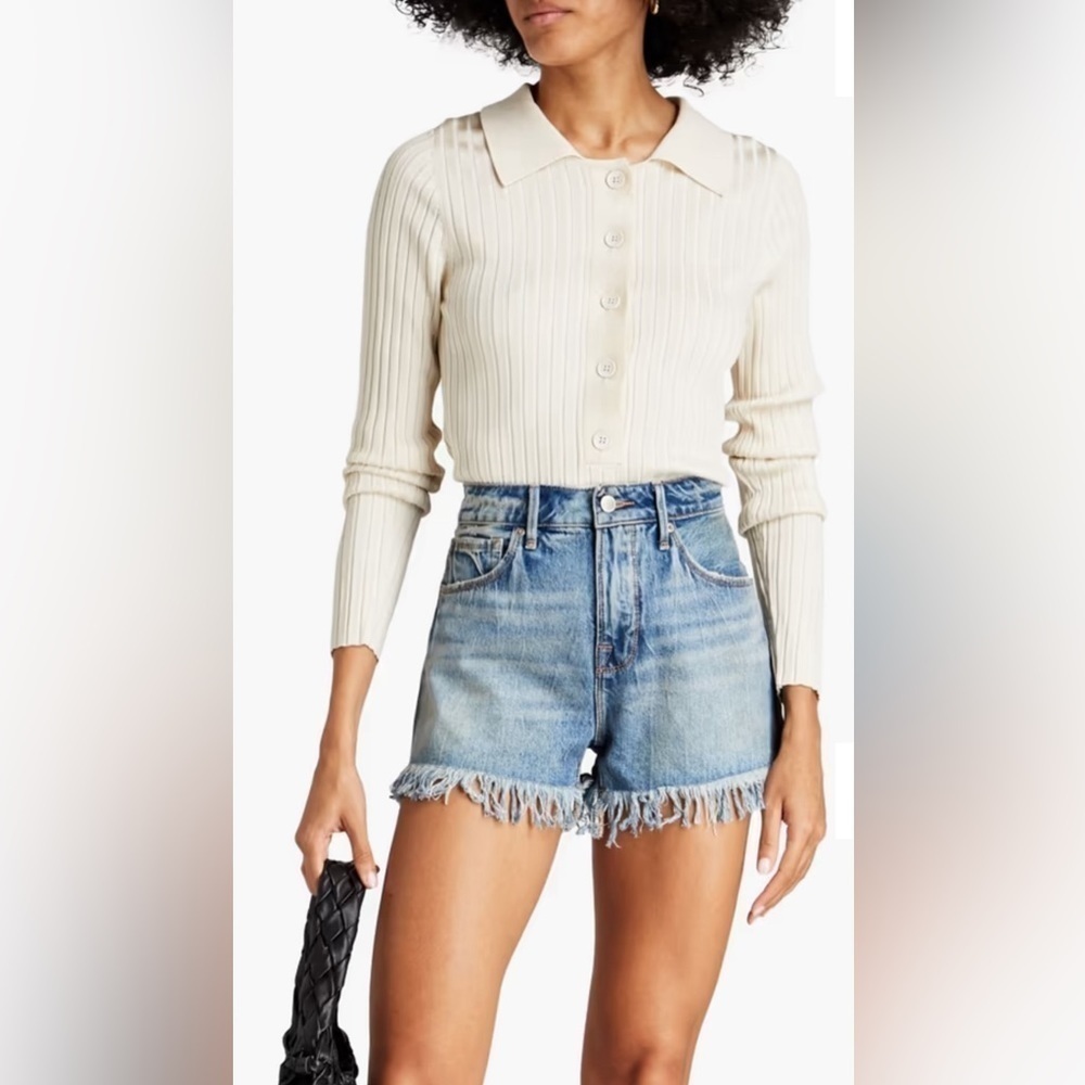 NEW GOOD AMERICAN Women’s Ribbed-Knit Polo Sweater in Ecru Sz 00/0